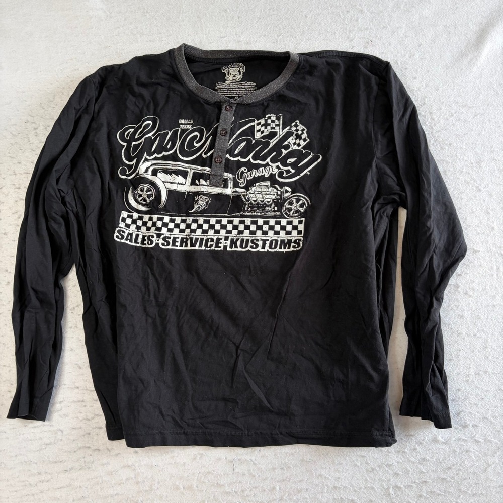 Gas Monkey Garage Henley Shirt Mens XL Black‎ Long Sleeve Graphic Hot Rod Car